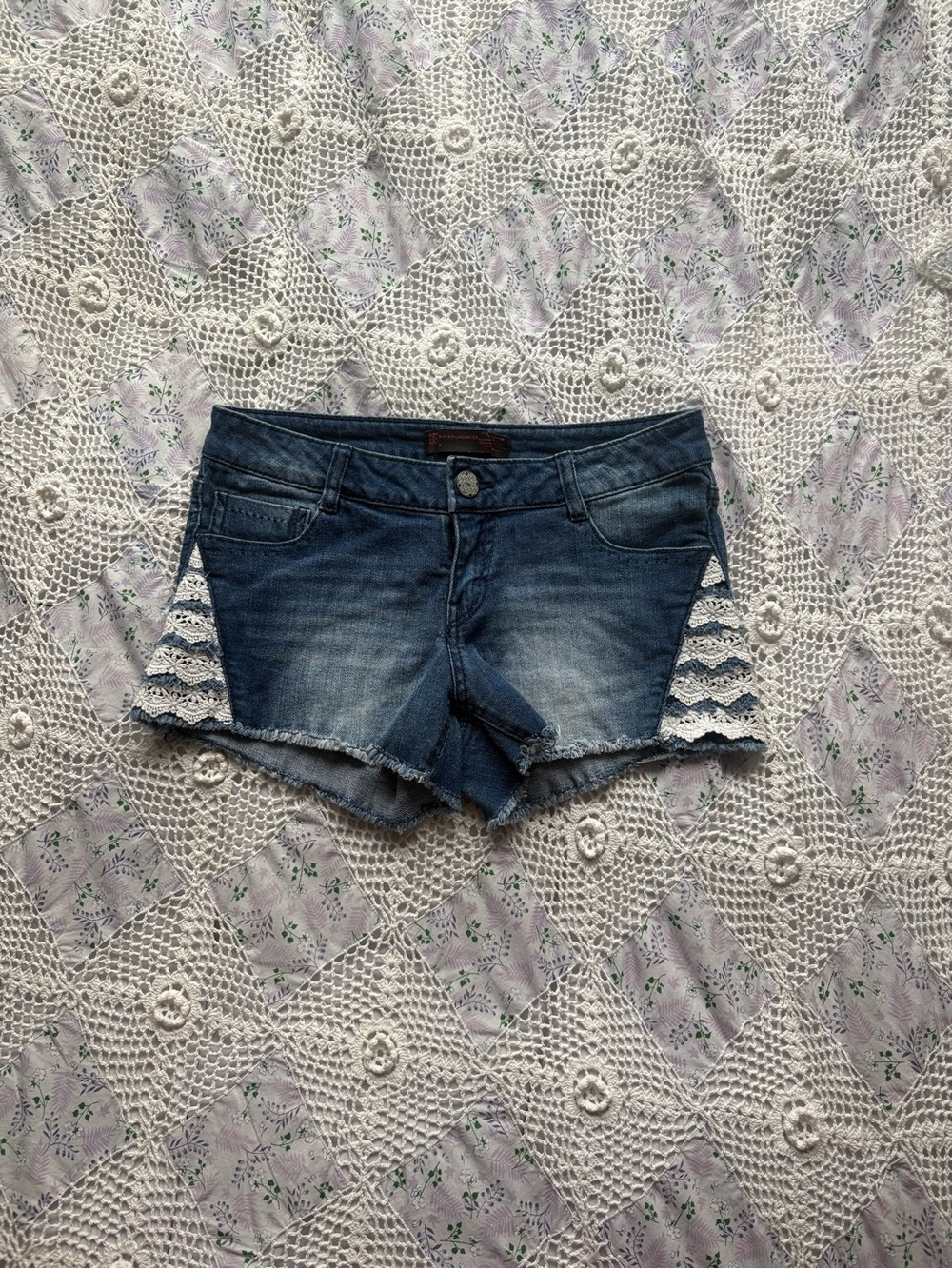 Vintage Y2K Low-rise No Boundaries blue denim crochet-detail shorts